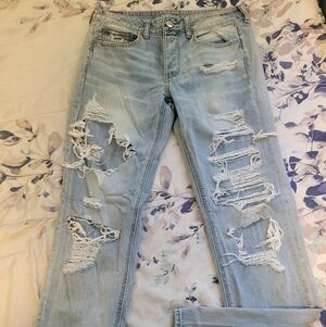 American Eagle Outfitters Light Blue Distressed Straight Leg Jeans Xtra Long